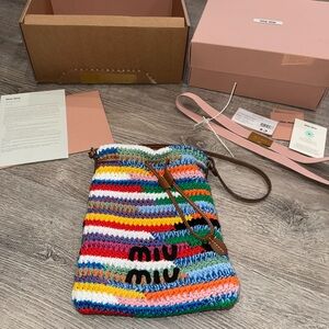 MIU MIU CROCHET RAINBOW MINI TOTE POUCH W LEATHER TRIM & BOX PAPERWORK